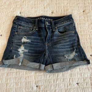 American Eagle Distressed Washed Blue Next-Level Stretch Midi Shorts, Size 2